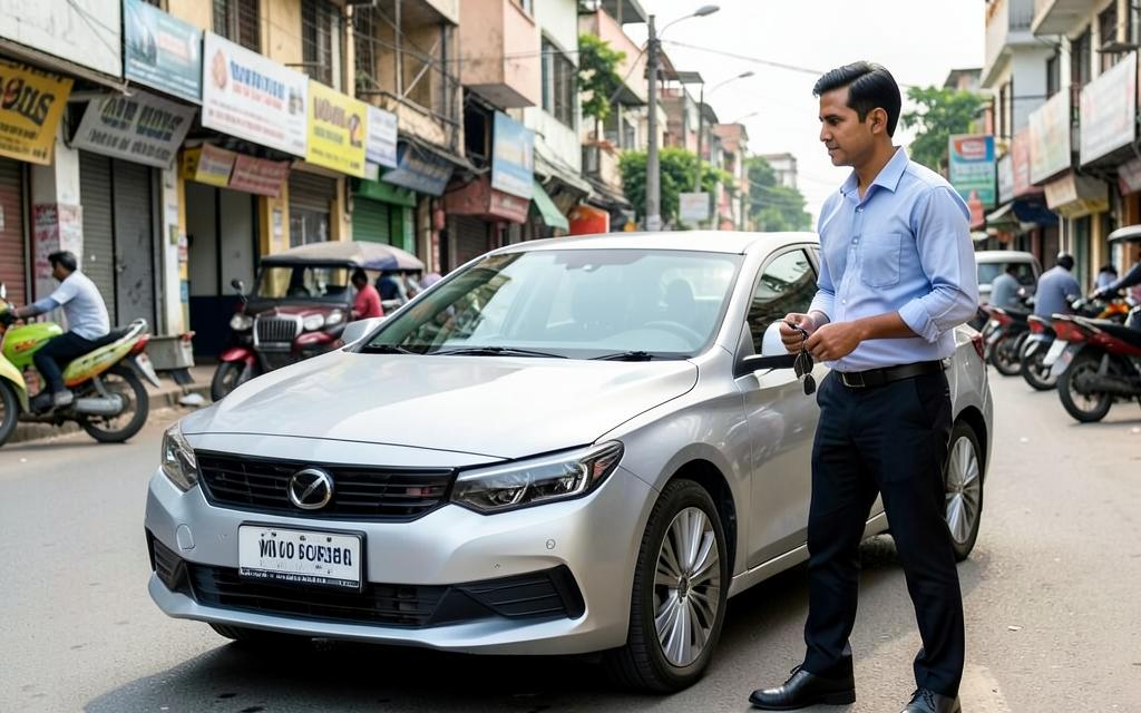 Car owner with keys beside a parked car