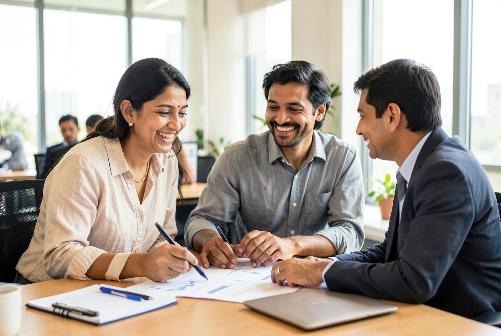 Couple reviewing financial documents with their advisor