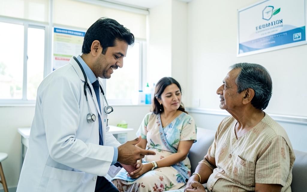 Doctor speaking with a patient and family in a clinic
